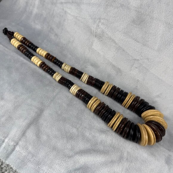 Chunky Natural Wood Bead Necklace Black Brown/Beige Layers & Loop Button Closure - Picture 14 of 16